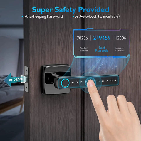 Fingerprint Door Lock with Keyless Entry, Bluetooth Smart Lock touchscreen keypad, auto-lock feature, wooden door installation