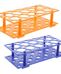 Two Piece Detachable Centrifuge Tube Holder Rack For 15ml And 50ml Tubes With 18 Hole And 10 Hole Configurations in orange and blue