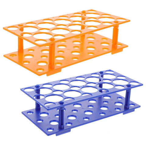 Two Piece Detachable Centrifuge Tube Holder Rack For 15ml And 50ml Tubes With 18 Hole And 10 Hole Configurations in orange and blue
