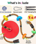 Kid Friendly Tree Swing Set For Backyard 330 Lb Capacity Adjustable Climbing Rope Platforms And Disc Swing Seat Includes Carabiners And Straps Outdoor Playground Accessory For Kids showing red disc seat, climbing rope, carabiners, and hanging straps.