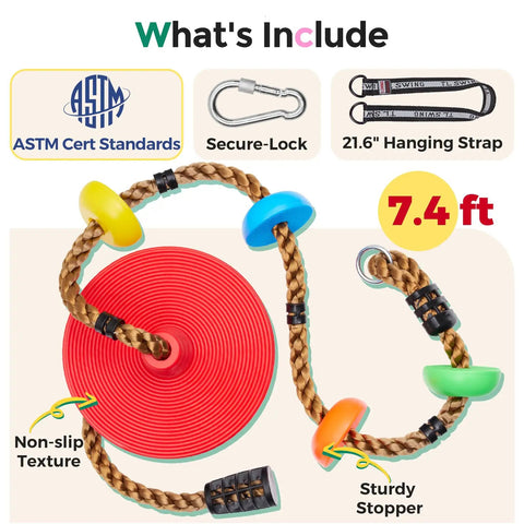 Kid Friendly Tree Swing Set For Backyard 330 Lb Capacity Adjustable Climbing Rope Platforms And Disc Swing Seat Includes Carabiners And Straps Outdoor Playground Accessory For Kids showing red disc seat, climbing rope, carabiners, and hanging straps.