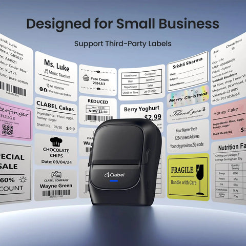 Wireless Bluetooth Thermal Label Printer For Home And Business Prints Two Inch Wide Shipping Labels On Standard Rolls Compact Desktop Maker With Three Included Rolls on display with various labels.