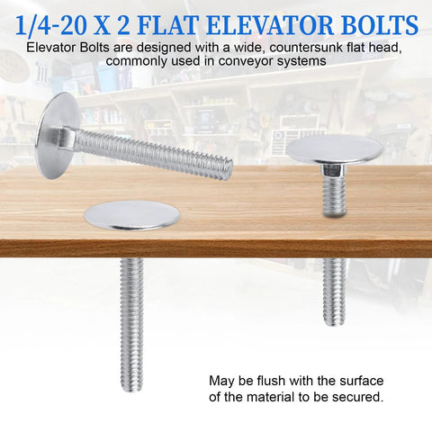Elevator bolts, 1/4-20 x 2 in, zinc-plated steel with flat sinking head; set of 20, installed in wood