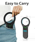 Person placing All In One Pet Microchip Scanner With 1.44 Inch TFT Screen, 500 Data Storage, in pocket, dimensions shown.