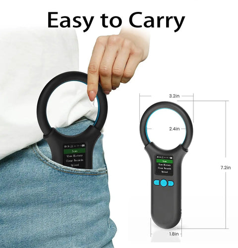 Person placing All In One Pet Microchip Scanner With 1.44 Inch TFT Screen, 500 Data Storage, in pocket, dimensions shown.