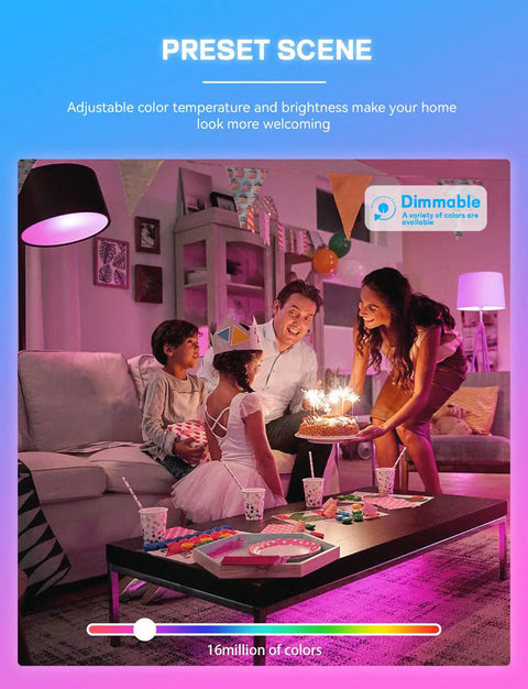 Family celebrating with cake under Smart Light Bulbs With WiFi And Bluetooth Five Point Zero Works With Alexa And Google Assistant.