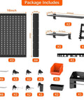 4ft Wide Metal Pegboard Wall Organizer Kit With Accessories For Garage, Wall Mount Tool Storage System in Black, showing components