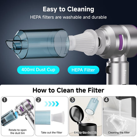 Cordless Handheld Car Vacuum With Brushless Motor 16000Pa Suction LED Light Type C Port showing HEPA filter and 400ml dust cup