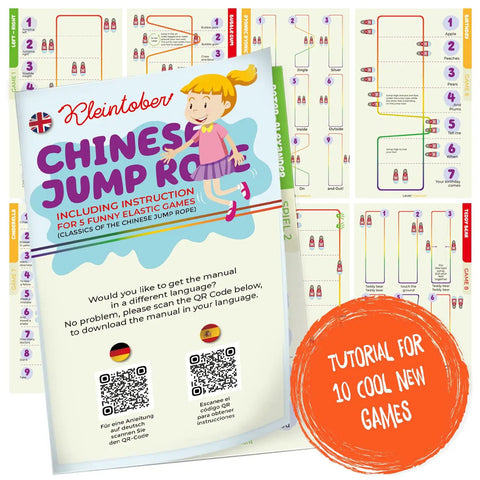 Instruction booklet with 10 game tutorials for Chinese Jump Rope And Rubber Twist Set For Kids With Gummitwist Style Indoor And Outdoor Toy Stretchy Rope For Ages 8 To 12 Includes 10 Game Instructions For Totally Fun Family Play
