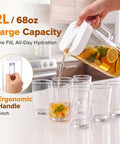 Pouring iced tea from Two 64oz Leakproof Plastic Pitchers with Lids for Fridge Door into glasses.