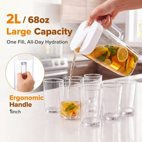 Pouring iced tea from Two 64oz Leakproof Plastic Pitchers with Lids for Fridge Door into glasses.