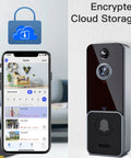 Wireless WiFi Video Doorbell Camera With Chime And 2 Way Audio PIR Human Detection Infrared Night Vision Cloud Storage Battery Powered Smart Doorbell For Home And Apartment Full HD Live View 155 Degree Wide Angle Lens No Fuss Setup For Real Life Security showing mobile app and encrypted cloud storage