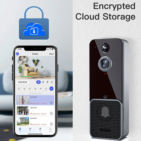 Wireless WiFi Video Doorbell Camera With Chime And 2 Way Audio PIR Human Detection Infrared Night Vision Cloud Storage Battery Powered Smart Doorbell For Home And Apartment Full HD Live View 155 Degree Wide Angle Lens No Fuss Setup For Real Life Security showing mobile app and encrypted cloud storage
