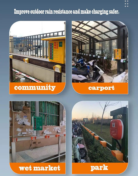 Hella Tough Universal Electric Vehicle Charger Cover And Weather Shield Roof For Outdoor Charging Station Pile Wall Box Accessory Rust Proof Canopy Guard displayed in community, carport, wet market, and park settings.