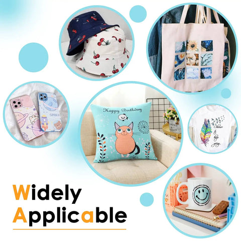 Collage showing applications of 8.5 X 11 Inches Sublimation Paper 30 Sheets 120 GSM for Inkjet Printers on various items.