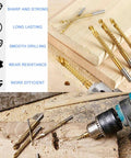 Eight Pack Titanium Coated High Speed Steel Twist Drill Bits Three To Ten Millimeter Size Serrated Grooving Bits in use on wood