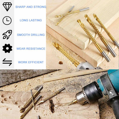 Eight Pack Titanium Coated High Speed Steel Twist Drill Bits Three To Ten Millimeter Size Serrated Grooving Bits in use on wood