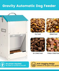 No Sweat Automatic Dog Feeder For Large Breeds With Galvanized Dry Food Dispenser and Clear Gravity Door Blocks Critters While Your Favorite Pup Enjoys Straight Up Chow Days Daily, featuring a steel construction and multiple food options.