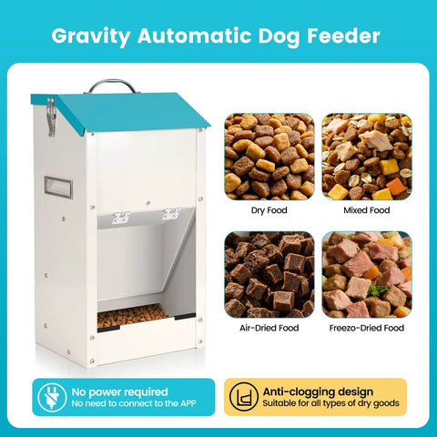 No Sweat Automatic Dog Feeder For Large Breeds With Galvanized Dry Food Dispenser and Clear Gravity Door Blocks Critters While Your Favorite Pup Enjoys Straight Up Chow Days Daily, featuring a steel construction and multiple food options.