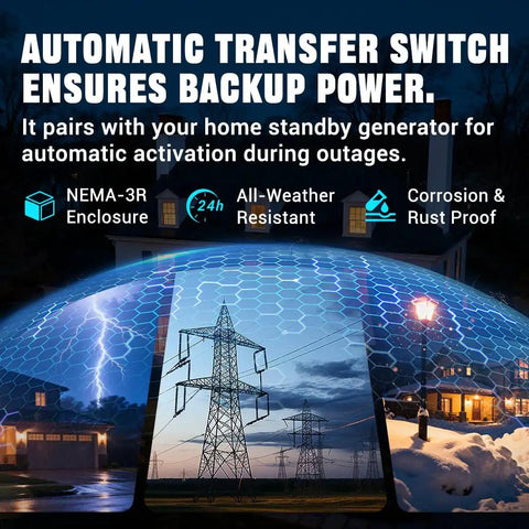 200 Amp Single Phase Generator Automatic Transfer Switch With Power Management Replacement For Generac RXSW200A3 Backup Power Ready, NEMA 3R