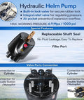 Hydraulic helm pump features for Beefed-Up 150HP Hydraulic Outboard Steering Kit, showcasing connections and replaceable shaft seal
