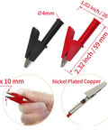Dimensions and features of red and black alligator clips from Back Probe Kit For Electrical Testing with nickel plated copper.