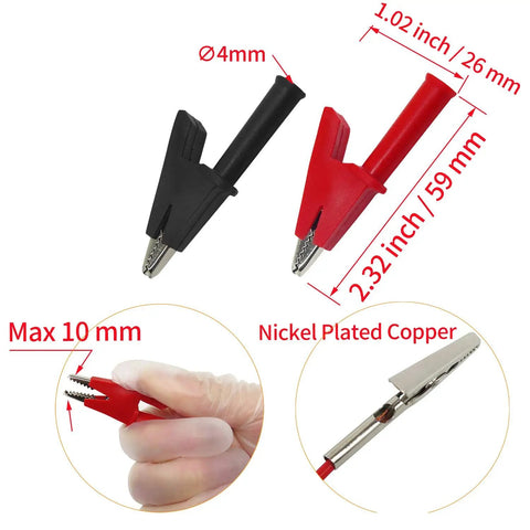 Dimensions and features of red and black alligator clips from Back Probe Kit For Electrical Testing with nickel plated copper.
