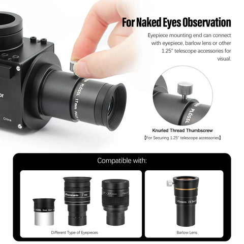 M42x0.75 Female To 1.25 Inch Adapter With T-2 Threads, shown with eyepiece options for astrophoto and stargazing setups