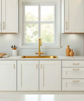 Champagne Bronze Aluminum Cabinet Handles 12 Pack With Five Inch Center Holes Straight Bar Drawer Pulls in kitchen view