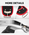 Detailed view of hammer and pry bar set with non slip fiberglass handle and chrome plating, ergonomic grip, and steel construction.