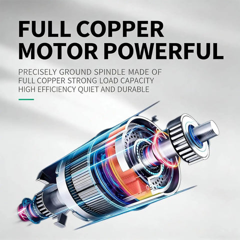 Full copper motor from mini belt sander showcasing strong load capacity and high efficiency for polishing tasks.