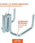 Heavy Duty Dual Arm Tool Hook For E Track And X Track Stores Long Handled Tools Like Brooms And Rakes 200 Lb Capacity Zinc Steel 2.25 Inch Inside Hook Works With Tool Stabilizer For Extra Securement, shown in zinc-plated finish with securing clip.