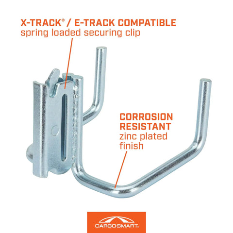 Heavy Duty Dual Arm Tool Hook For E Track And X Track Stores Long Handled Tools Like Brooms And Rakes 200 Lb Capacity Zinc Steel 2.25 Inch Inside Hook Works With Tool Stabilizer For Extra Securement, shown in zinc-plated finish with securing clip.