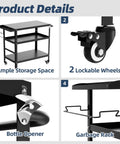 Product features of Beefy Outdoor Grill Cart With Wheels, including lockable wheels, storage space, bottle opener, and garbage rack.