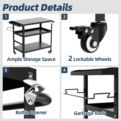 Product features of Beefy Outdoor Grill Cart With Wheels, including lockable wheels, storage space, bottle opener, and garbage rack.