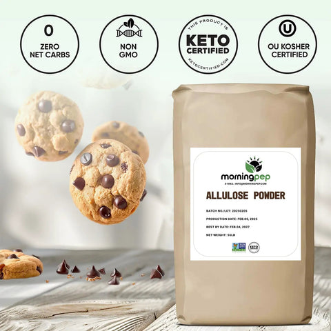 Bag of Allulose Sweetener Bulk 55 Lb No Erythritol Zero Calorie Sugar Substitute For Keto Baking And Beverages with cookies