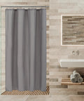 Stall Fabric Shower Curtain Liner Waterproof And Machine Washable 48x72 Grey With Magnetic Closures Soft Yet Durable Lightweight Design Reinforced Header And Rustproof Grommets in a bathroom setting