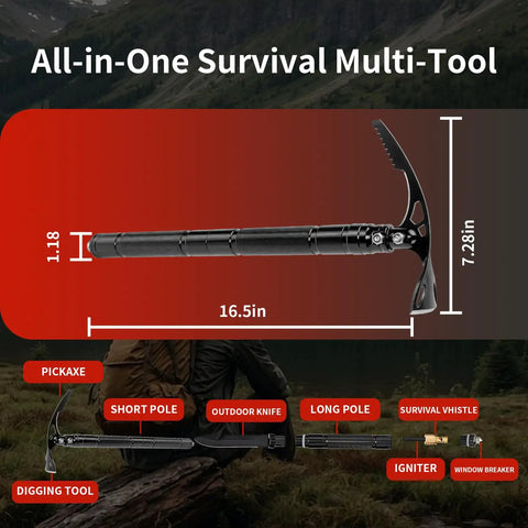 Double Headed Folding Pickaxe And Mattock For Camping And Yard Work with dimensions and features highlighted