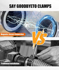 Comparison of 4 Inch Magnetic Dust Collection Fitting Starter Kit with strong magnetic connection vs. traditional clamp installation.