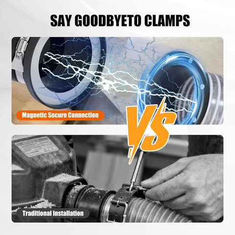 Comparison of 4 Inch Magnetic Dust Collection Fitting Starter Kit with strong magnetic connection vs. traditional clamp installation.