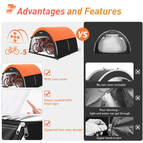 Comparison of upgraded heavy duty bike tent with rain cover and zip features to standard tent without waterproofing.