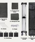 Components of 13x13 Pop Up Gazebo Tent With Mosquito Netting For Outdoor Lawn And Backyard Use, Includes 4 Sandbags, Stakes, Ropes, Roller Bag