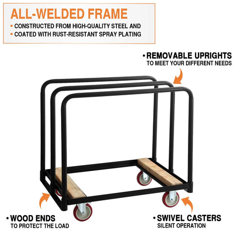 Beefy Heavy Duty Panel Cart With Wood Ends And Steel Frame, 1500 Lb Capacity, featuring removable uprights and swivel casters