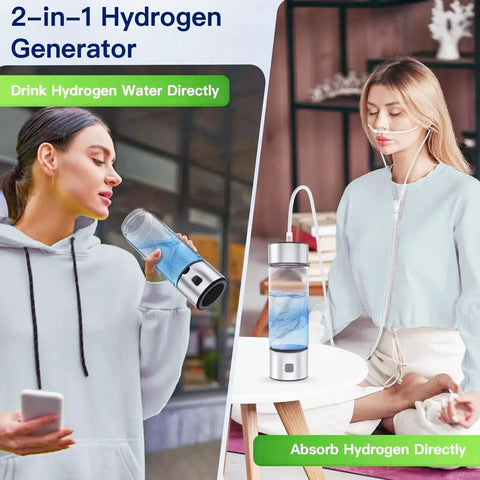 Woman using Portable 460ml Hydrogen Water Bottle Generator With Advanced SPE PEM Tech Rechargeable Ionizer for home and travel