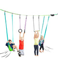 Swing Line Kit For Backyards Turn Healthy Trees Into The Ultimate Swing Set With Gym Rings Easy To Install And Safe For Kids Great Tree Swing Addition For Any Yard Recommended For Ages 3 And Up, children playing on swing set and gym rings outdoors.