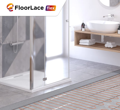 120V Underfloor Heating Cable For Tile, Laminate, And Stone Floors installed in bathroom with shower and sink, showcasing easy room layouts.