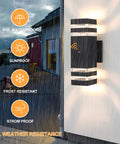 Two Pack No Fuss Dusk To Dawn LED Outdoor Lights With Sensor, 14W Waterproof Exterior, shown in heavy rain and lighting effects
