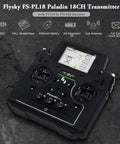 Flysky Paladin PL18 2.4GHz 18CH Radio Transmitter With FS-FTr10 And FTr16S Receiver shown with control panel and dual antennas