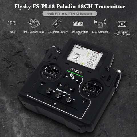 Flysky Paladin PL18 2.4GHz 18CH Radio Transmitter With FS-FTr10 And FTr16S Receiver shown with control panel and dual antennas