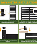 Installation steps for Metal Privacy Screen Outdoor Freestanding Panels with stakes, showing connecting, sealing, and hammering processes.